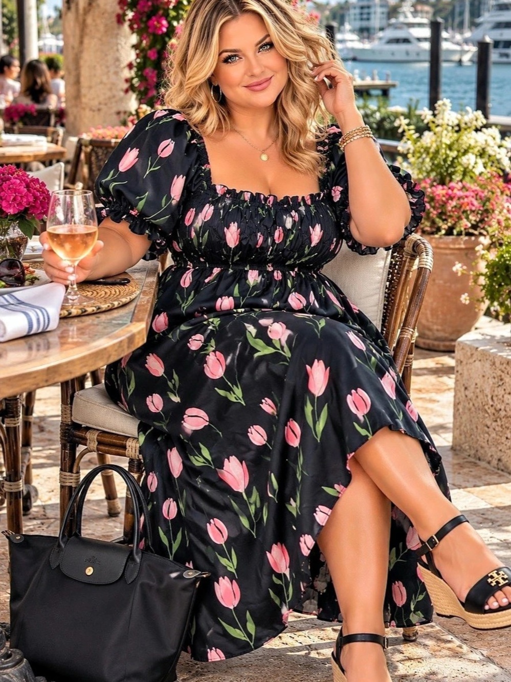 🌷 Cider Black & Pink Tulip Floral Midi Dress – Size 2X – NWOT 🌷
